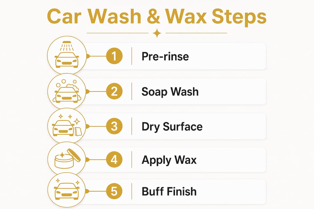 Infographic illustrating step-by-step car wash and waxing process