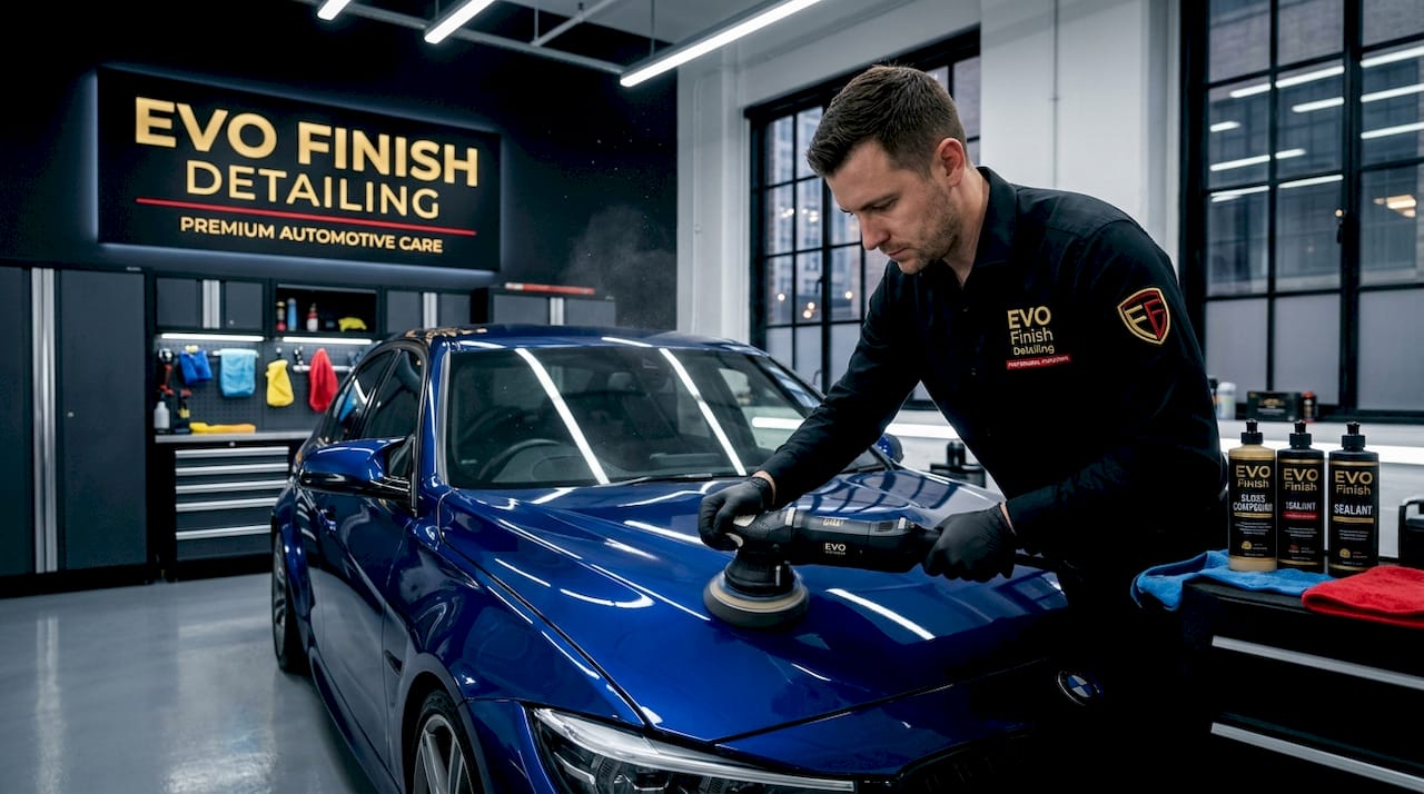 Professional polishing dark blue sedan in workshop