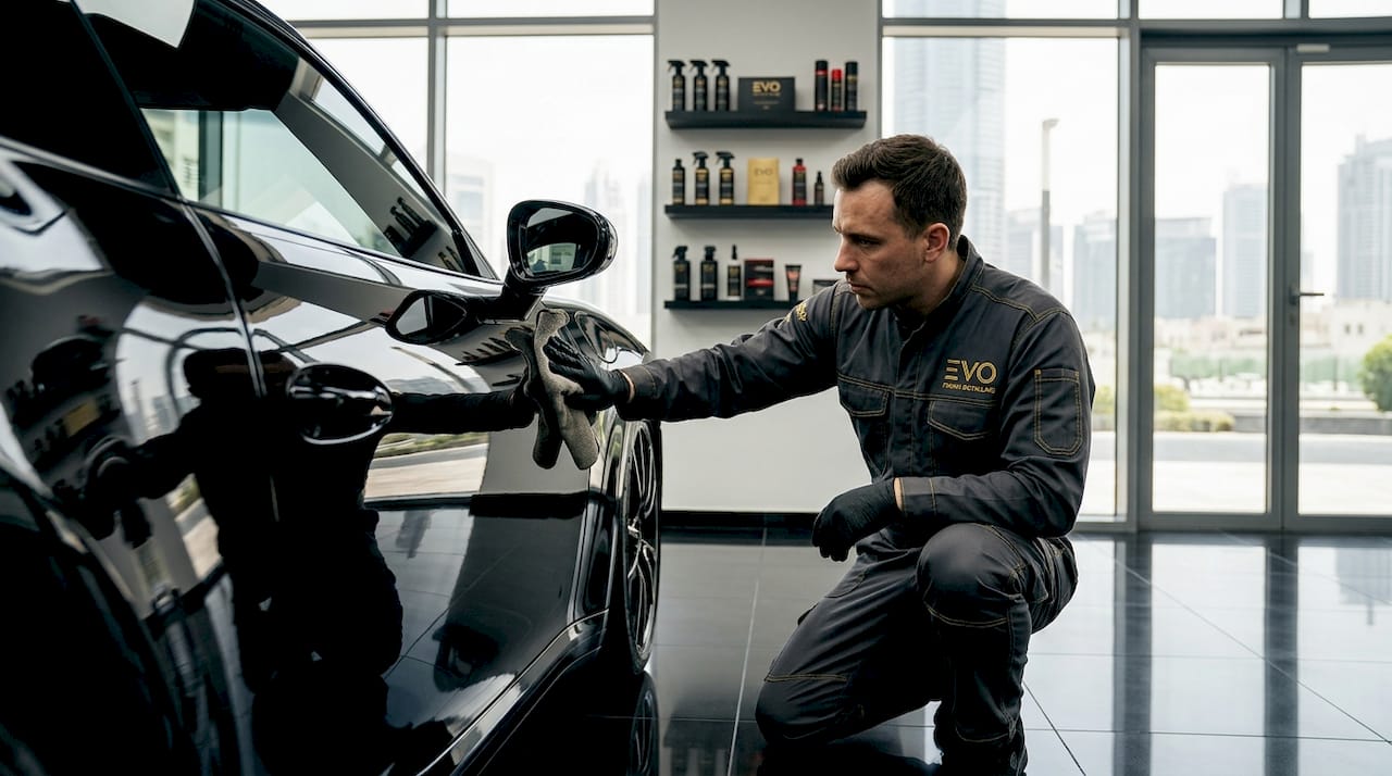 Professional polishing a black sports car in a garage