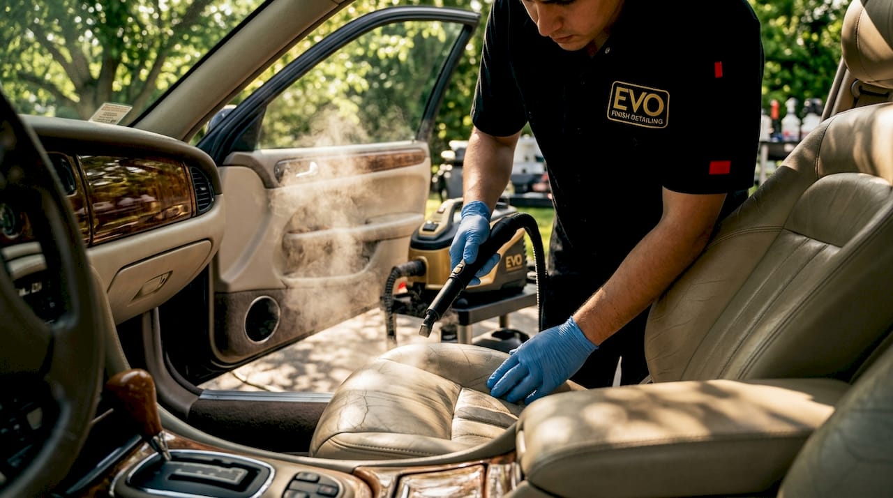 Detailer steam cleaning beige leather car seat interior