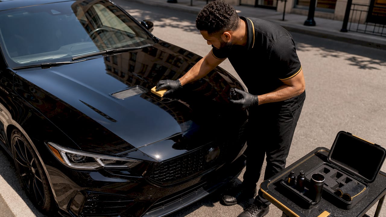 Auto detailer applying ceramic coating on car hood