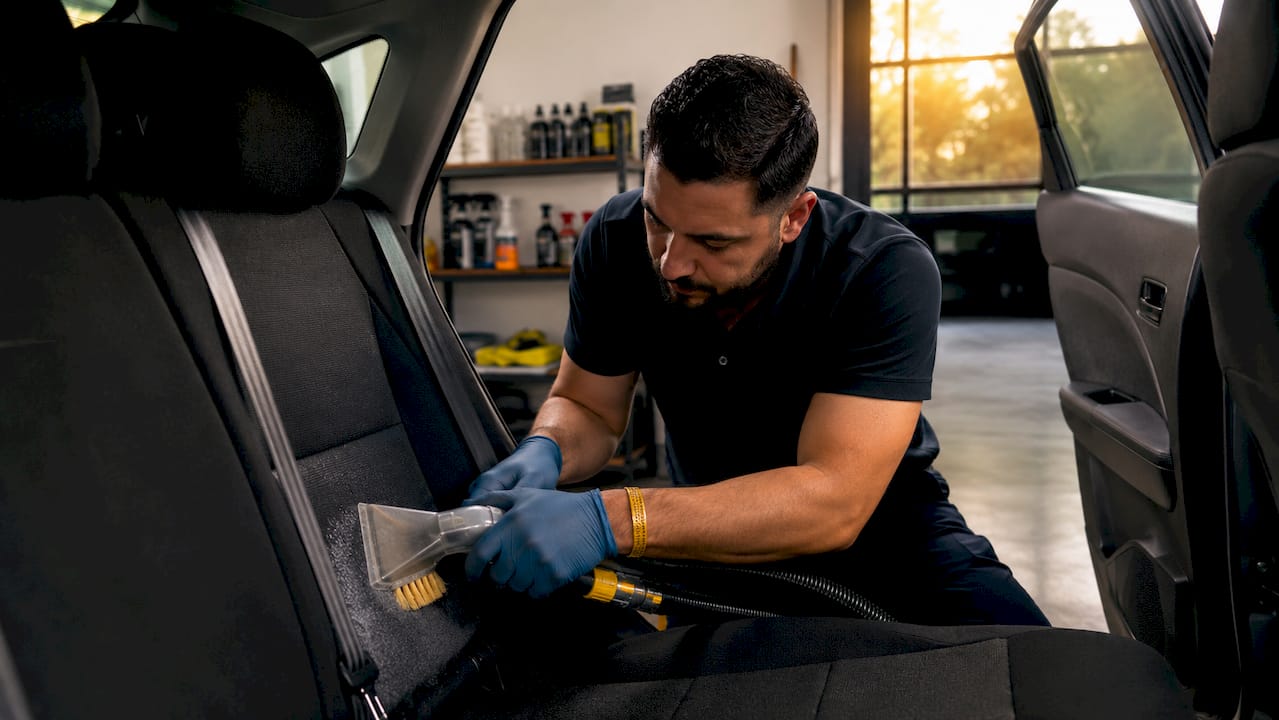 Detailer shampooing fabric car seat inside car