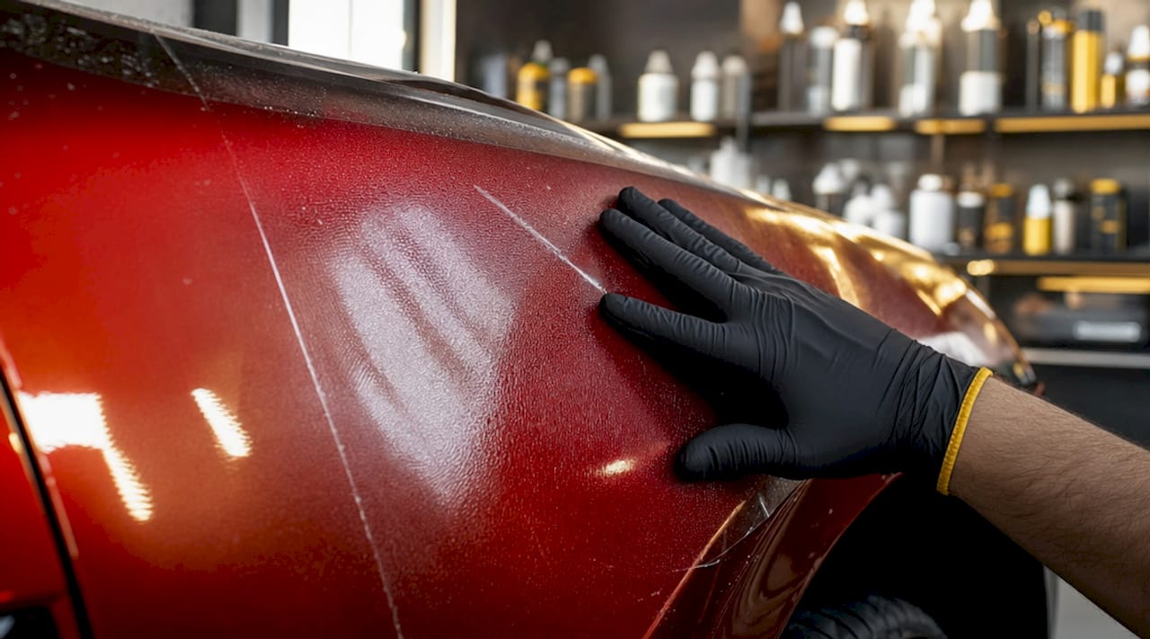 Close-up showing self-healing paint protection film on car fender