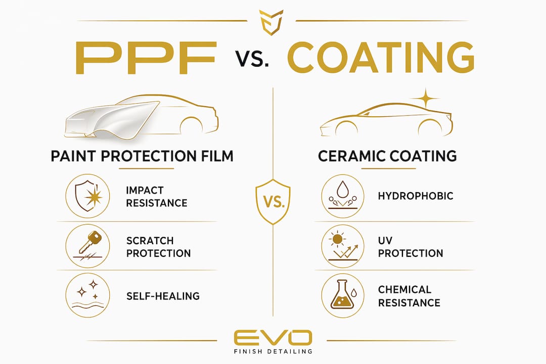 Infographic comparing paint protection film and ceramic coating features