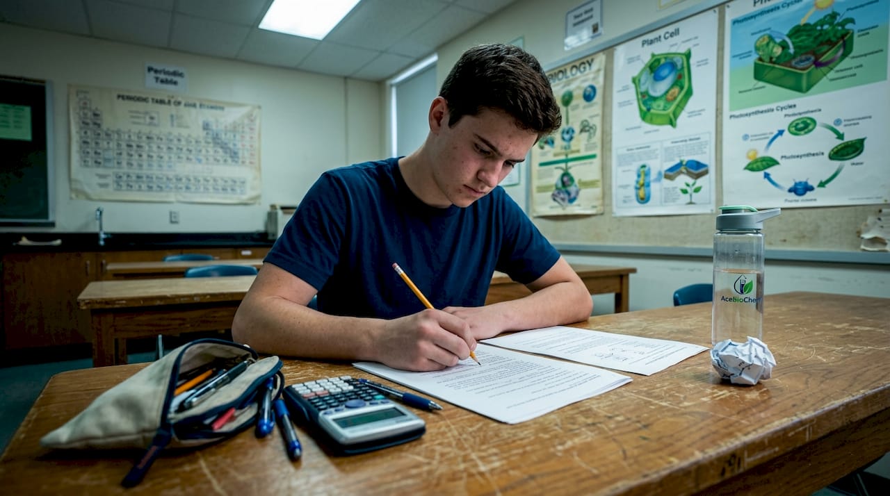 Student answering chemistry and biology exam in classroom