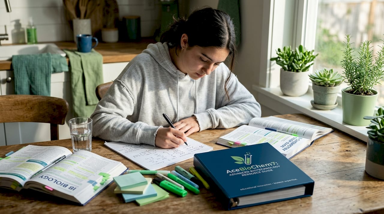 Student studying IB Biology and Chemistry at kitchen table