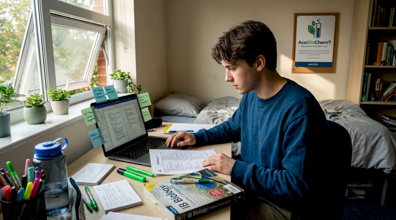 Student organizing IB Biology workflow at desk