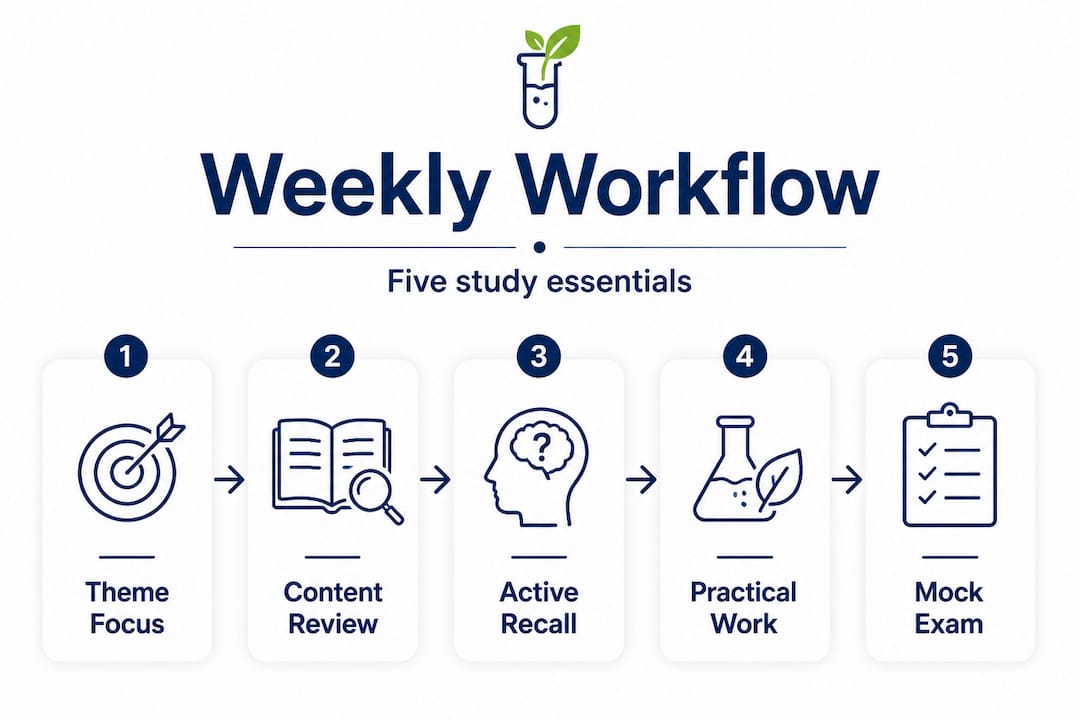 Weekly IB Biology workflow infographic with five steps