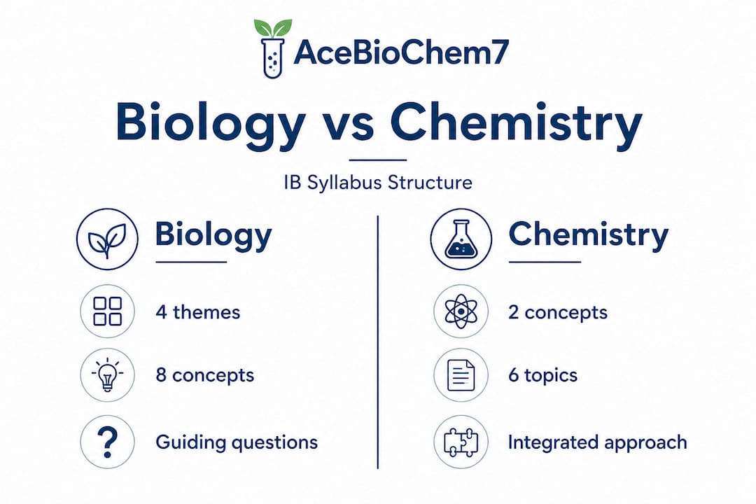 Split infographic comparing IB Biology and Chemistry syllabus structure