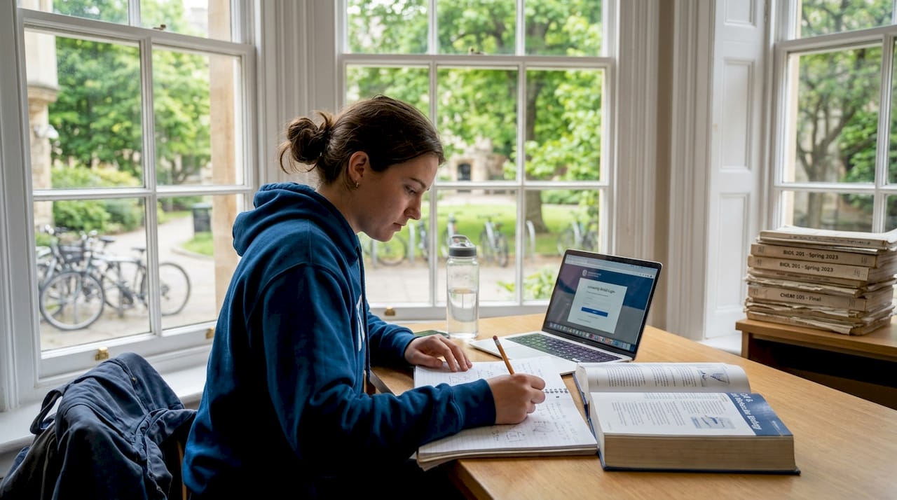European medical student studying by campus library window