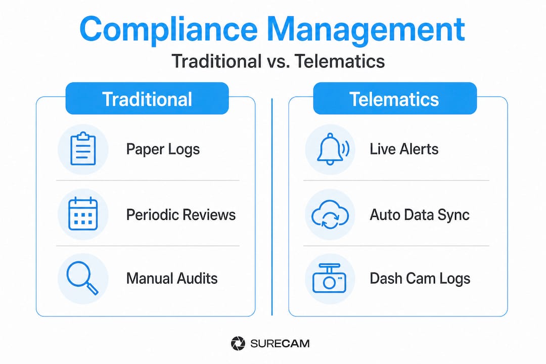 Infographic comparing traditional and telematics compliance methods