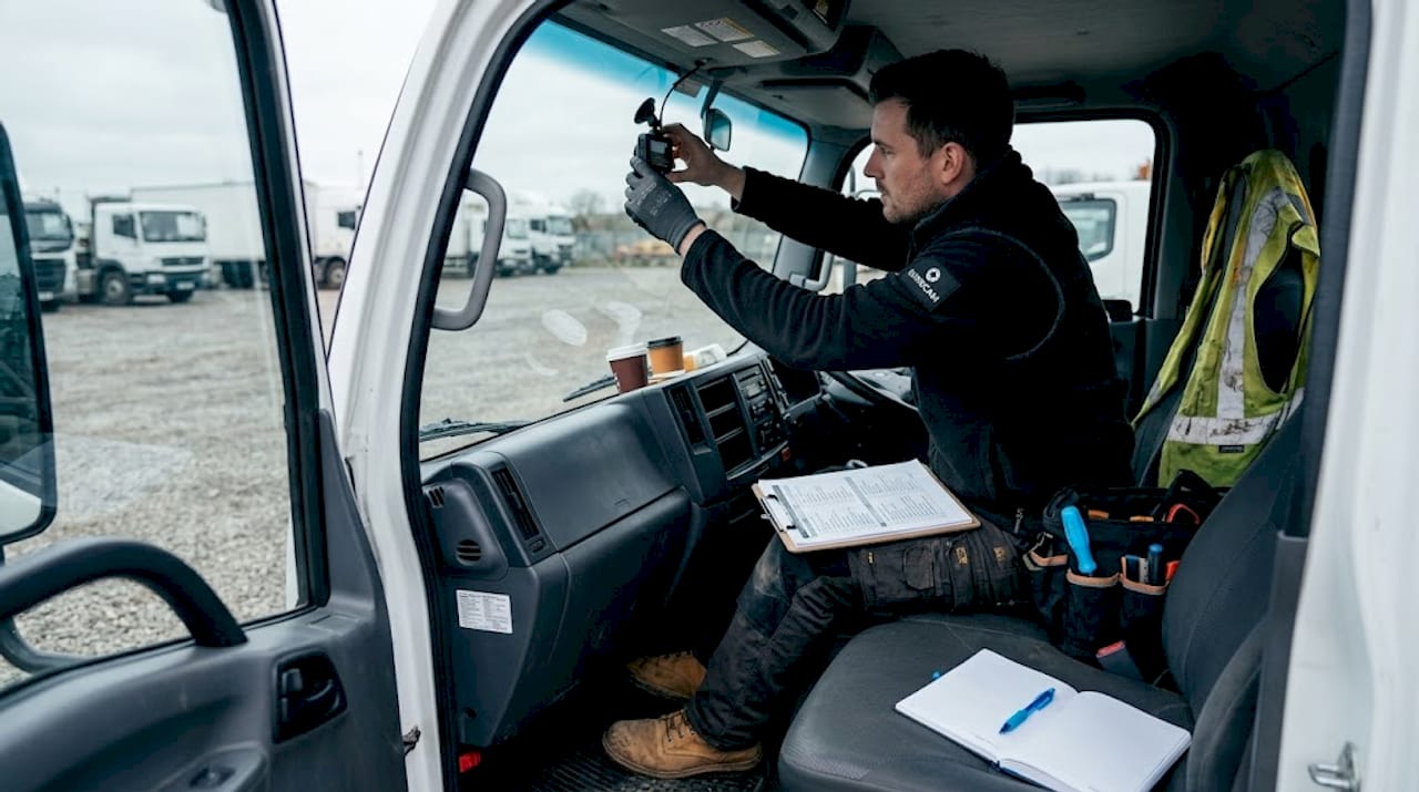 Technician installing dash cam in fleet vehicle