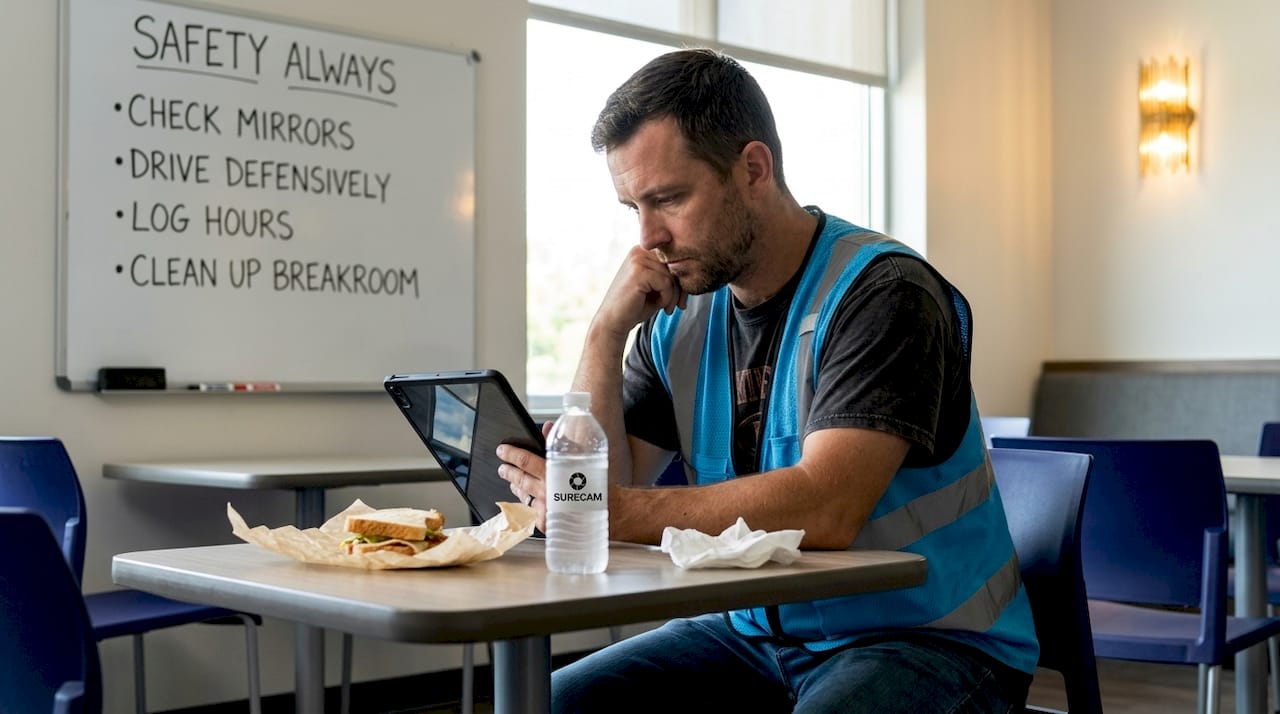 Truck driver reviewing dashcam footage in breakroom