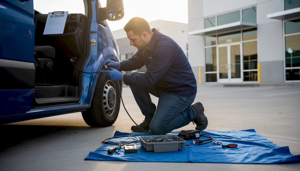 Technician installing GPS in fleet van