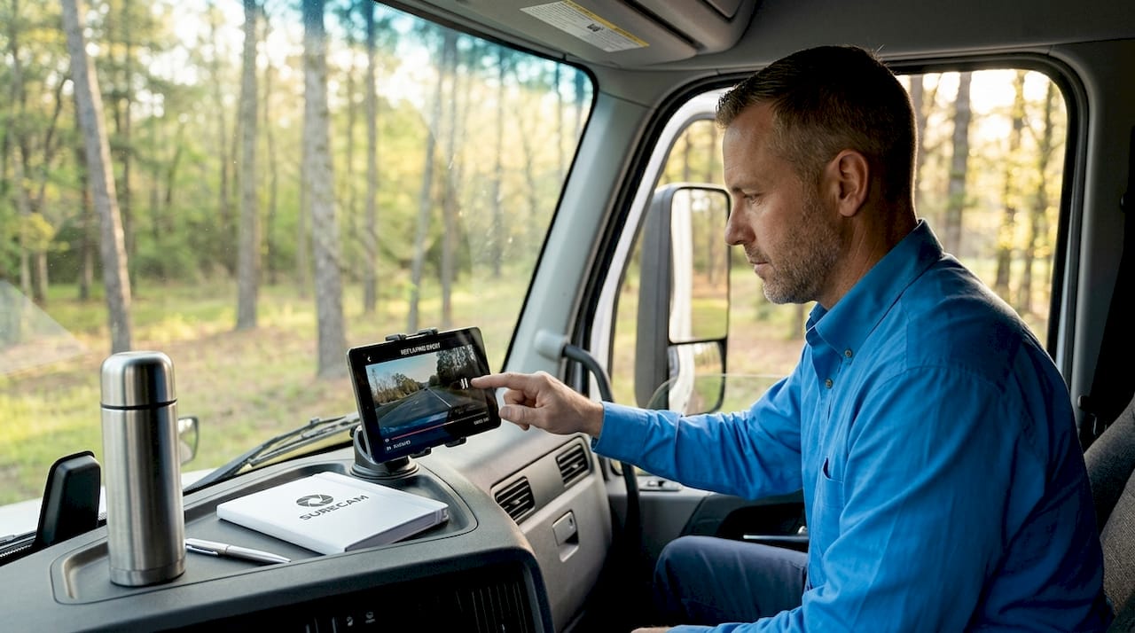 Truck driver reviewing telematics driving event