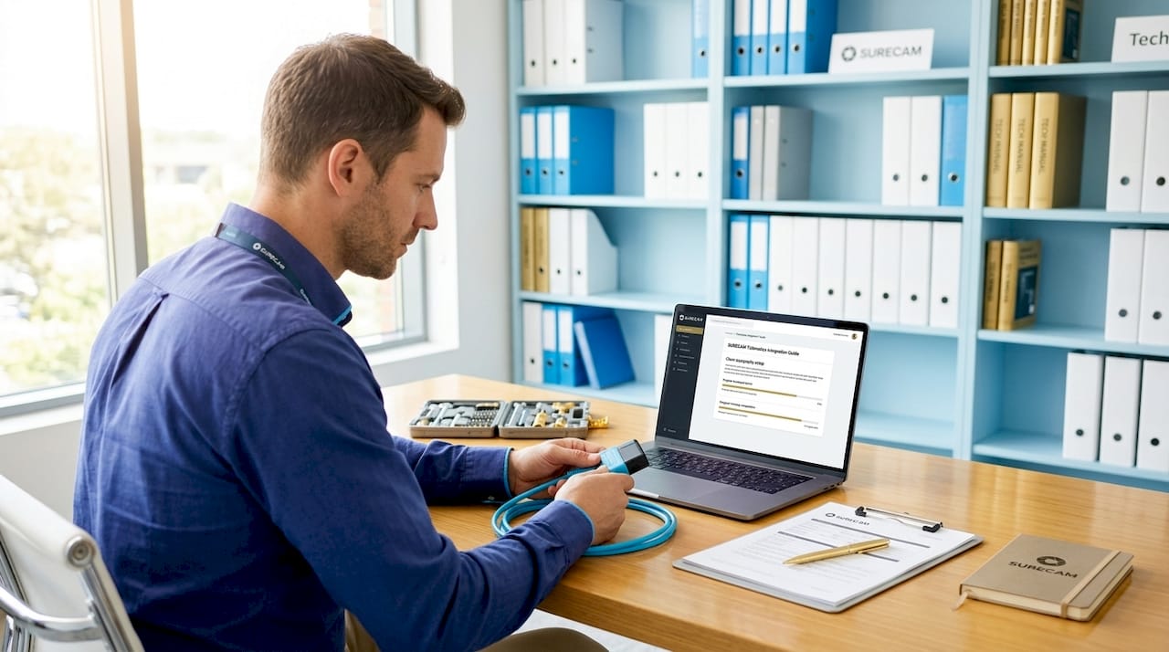 Technician integrating telematics at office desk