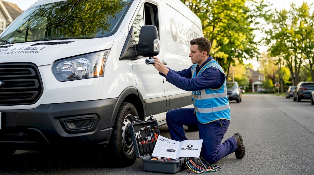 Technician installing exterior camera on fleet van