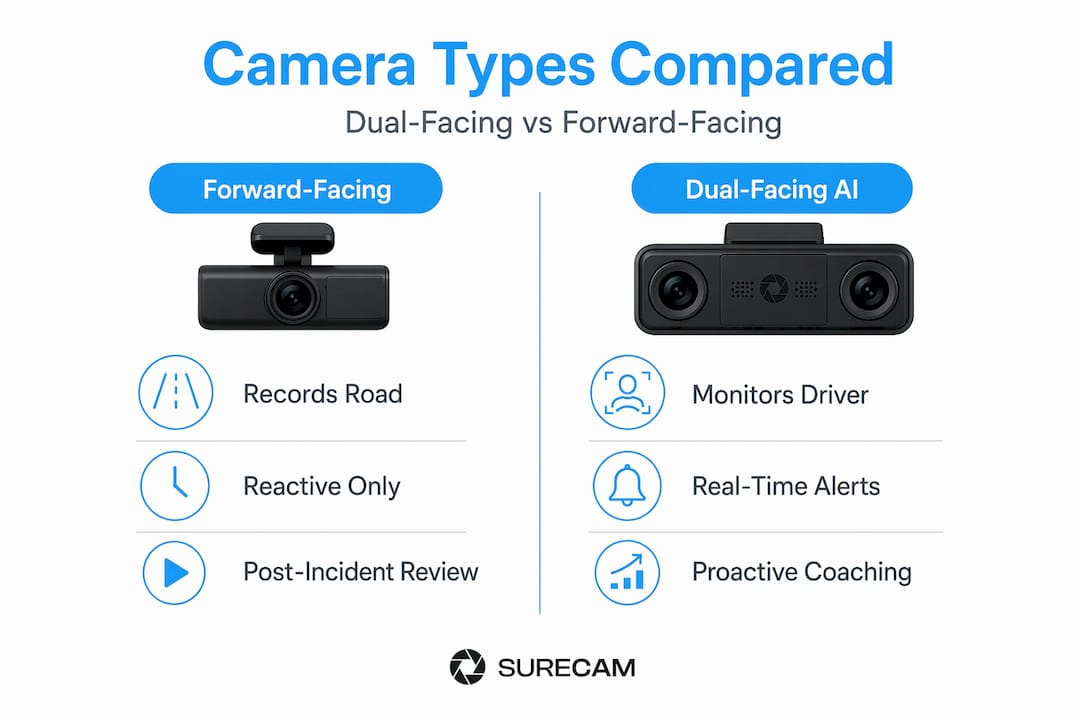 Infographic comparing dual-facing and front-facing dash cams