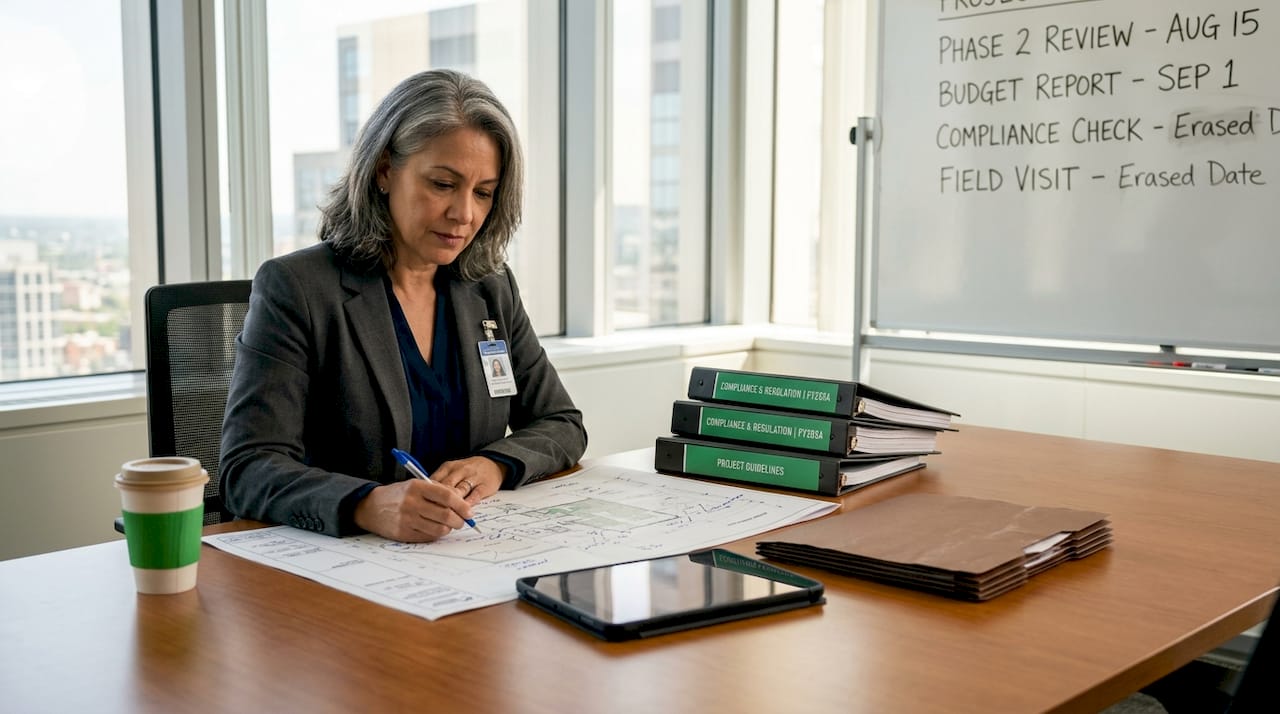 Federal manager reviewing facility plans in office