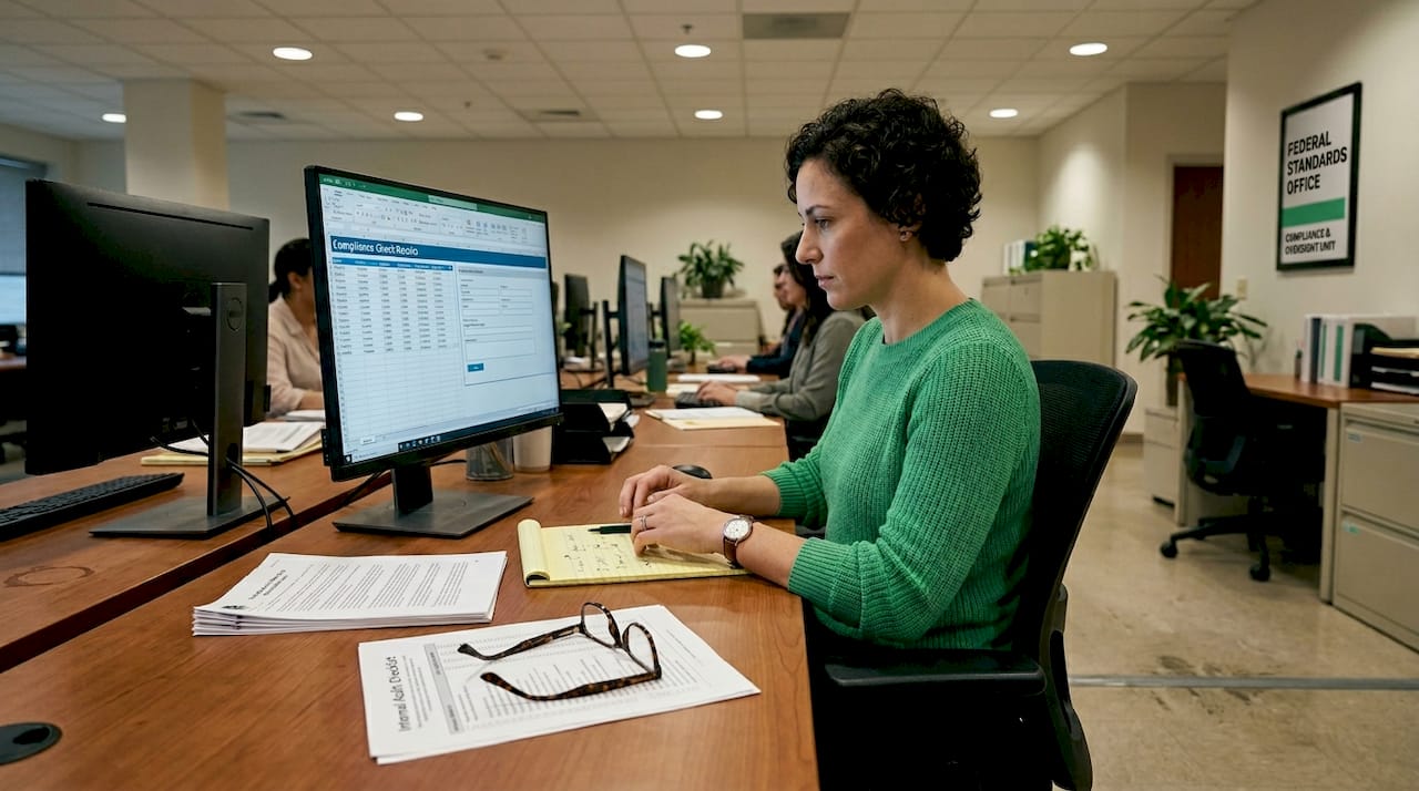 Analyst working on compliance checks computer