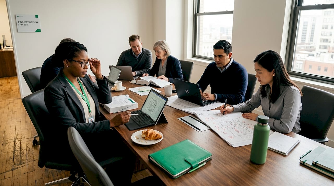 Team reviews code compliance in office meeting