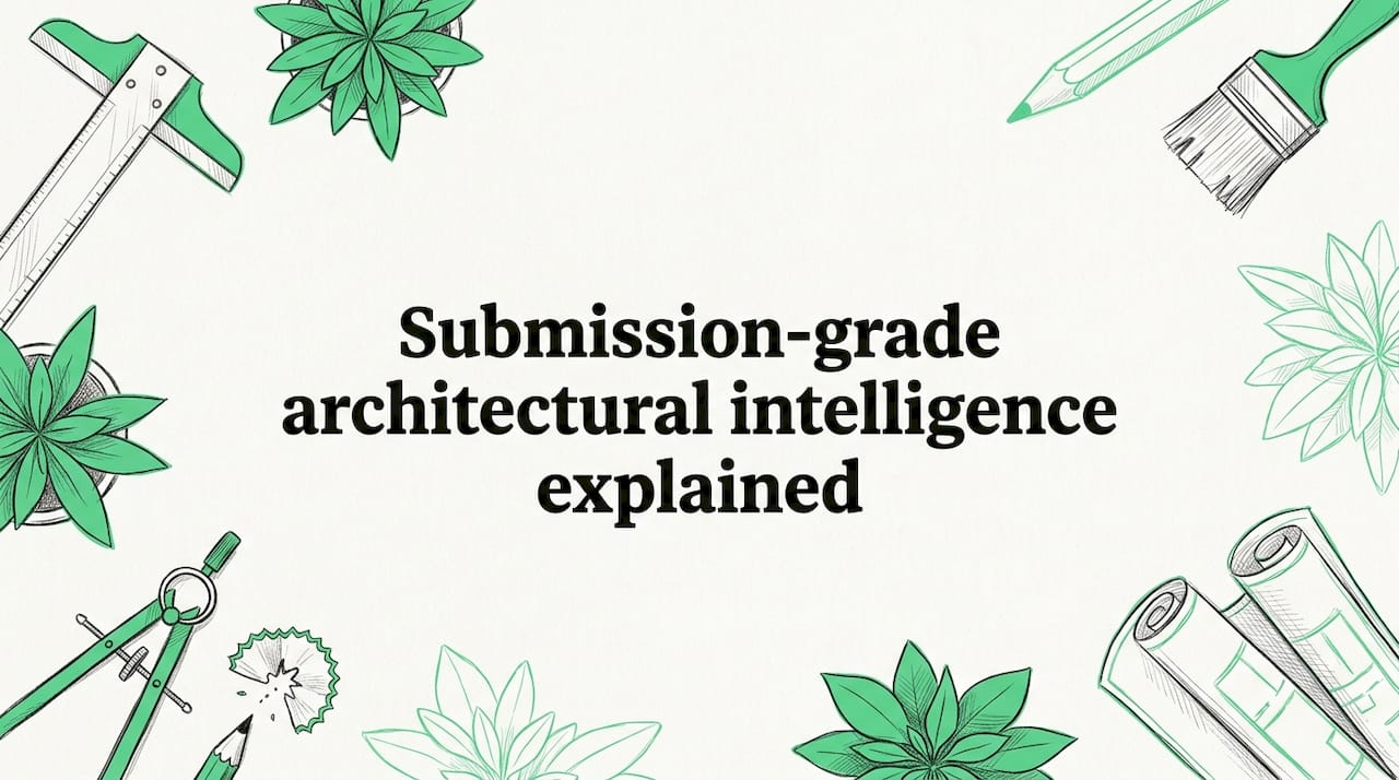 Decorative hand-drawn title card with architectural tools at corners