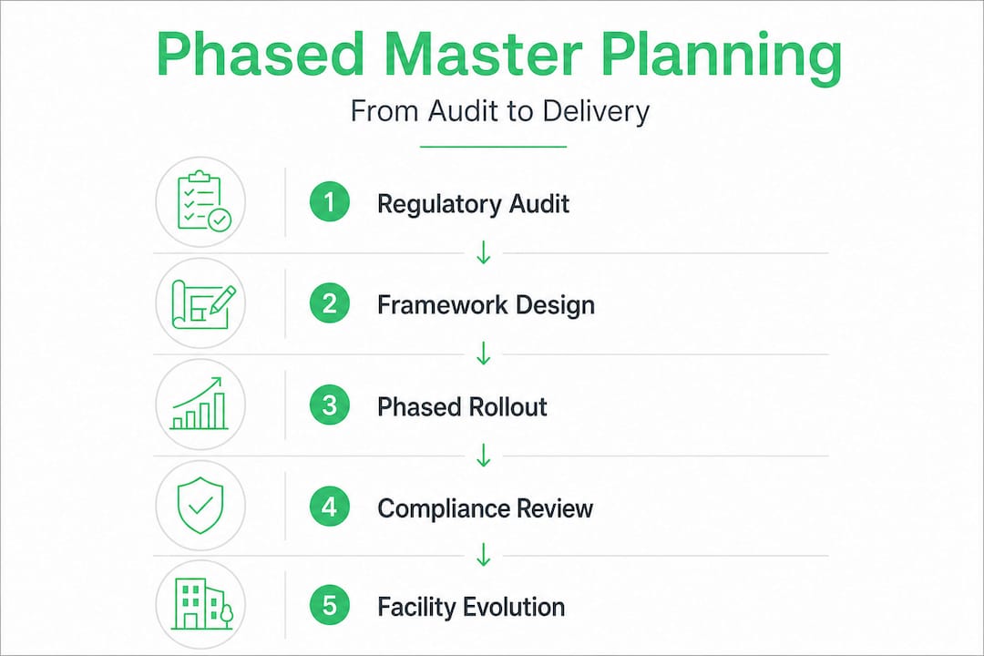 Infographic with five vertical steps for phased master planning