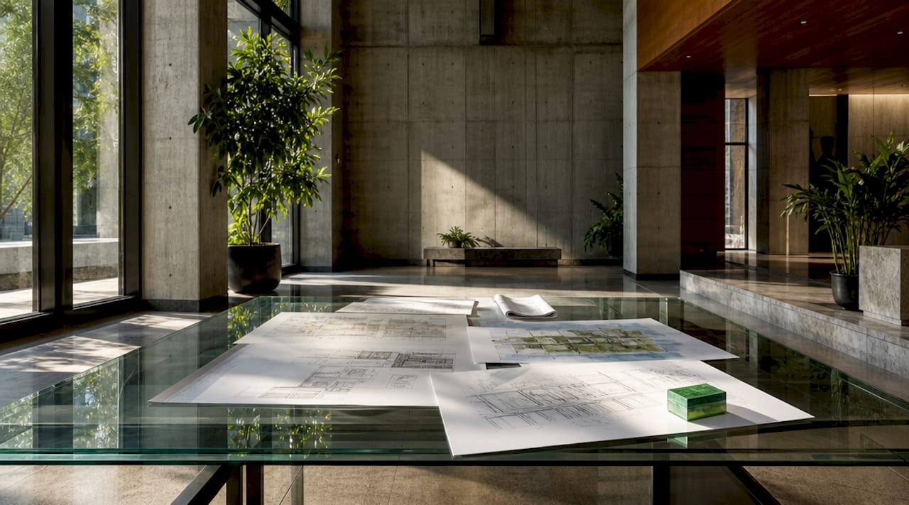 Architect reviewing cultural plans at desk