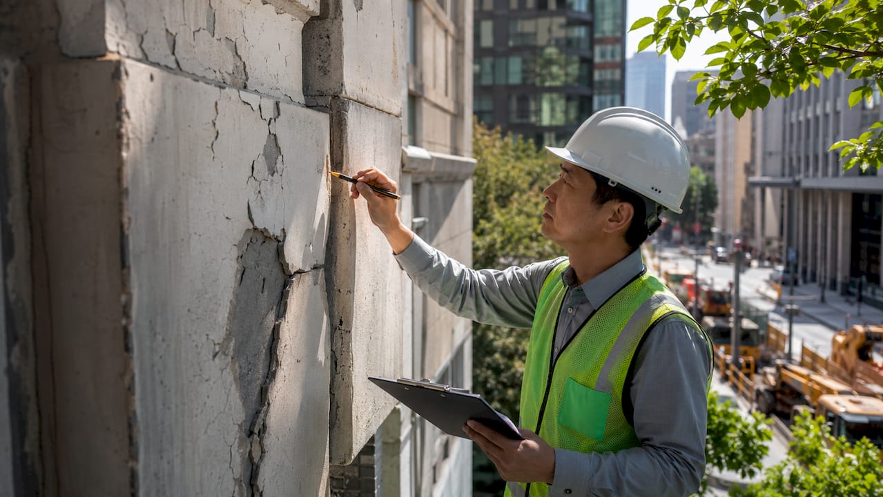 Architect inspecting concrete defects outdoors