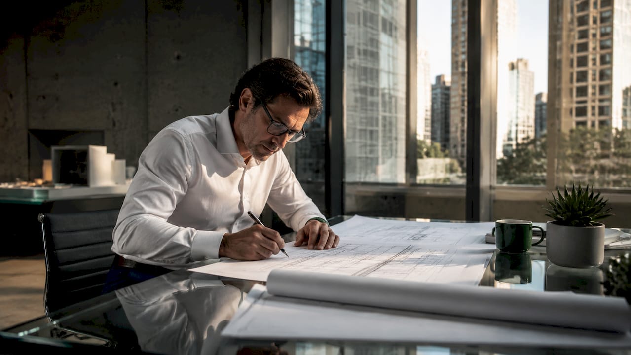 Architect reviewing blueprints at desk