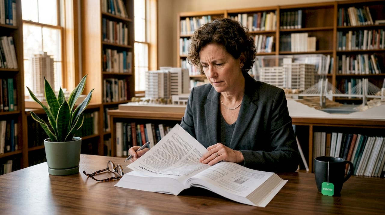Architect reviewing building codes at desk