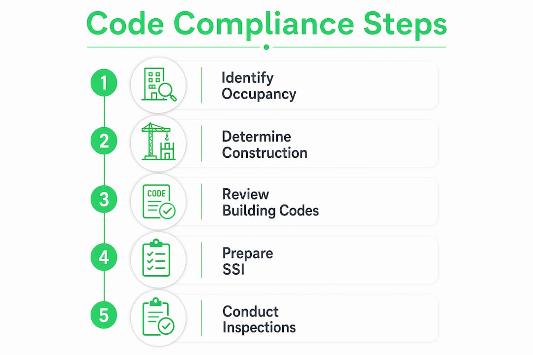 Infographic showing key building code compliance steps