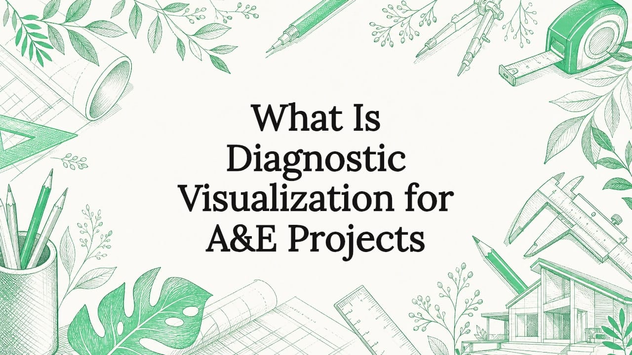 Decorative title card illustration with architectural sketches
