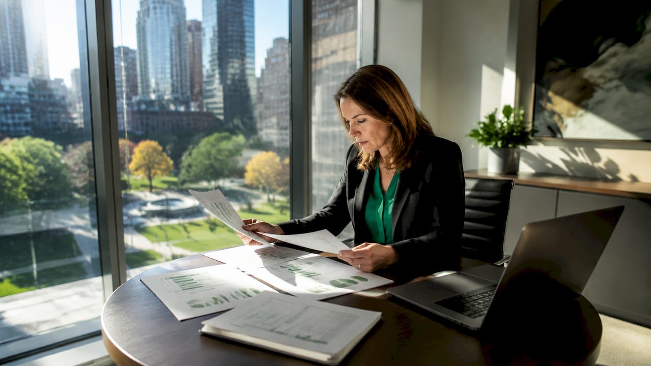 Facility manager analyzing building sensor data in office
