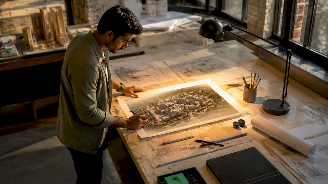 Architect reviewing 3D renderings on lightbox