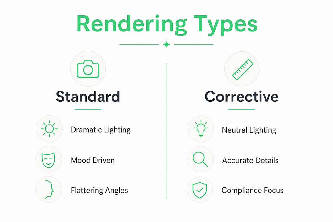 Infographic comparing corrective and standard rendering