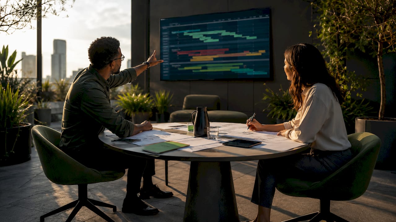 Architects discussing AI-driven scheduling around table