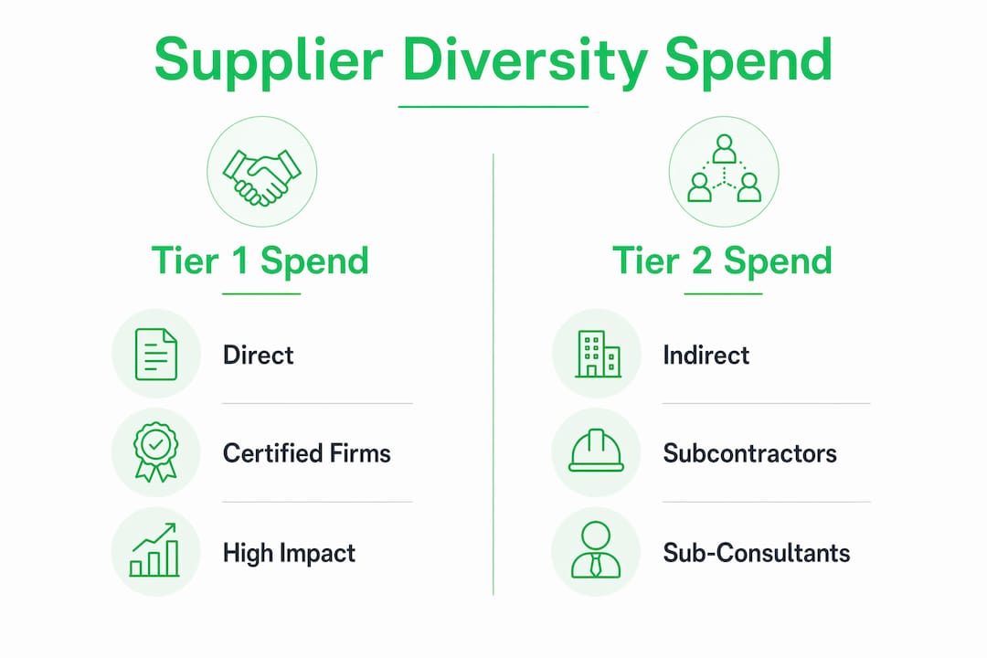 Infographic showing Tier 1 and Tier 2 supplier diversity spend categories