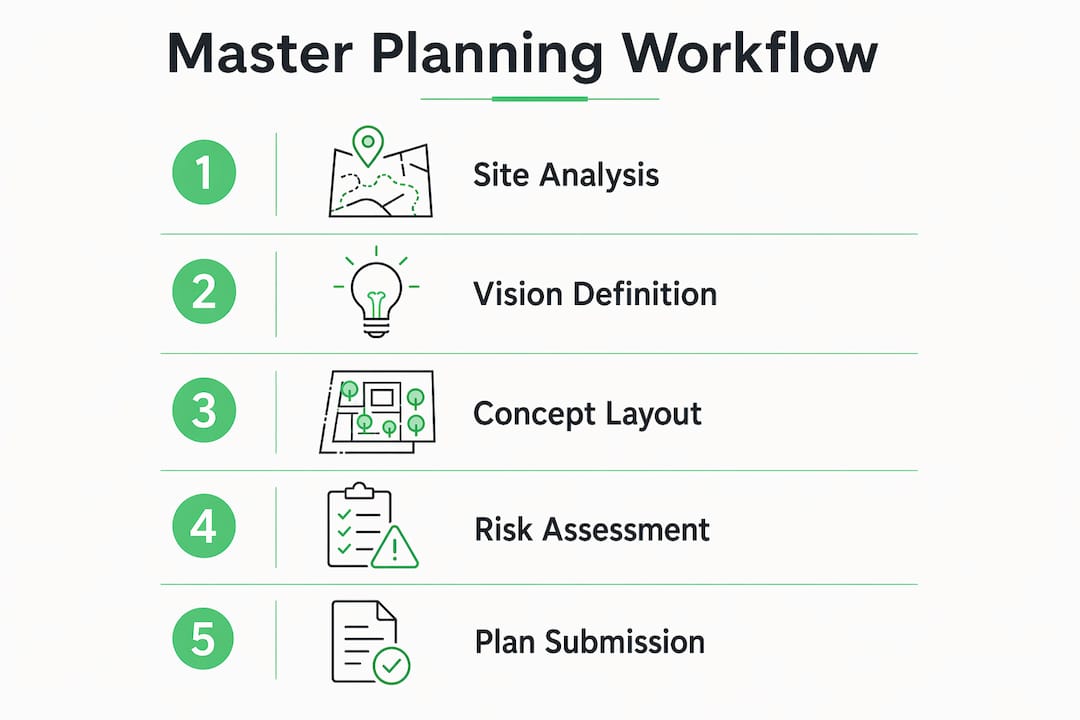 Infographic showing master planning workflow steps vertically
