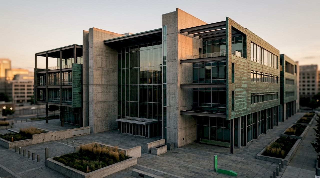 Exterior of federal government building at dusk, architectural render