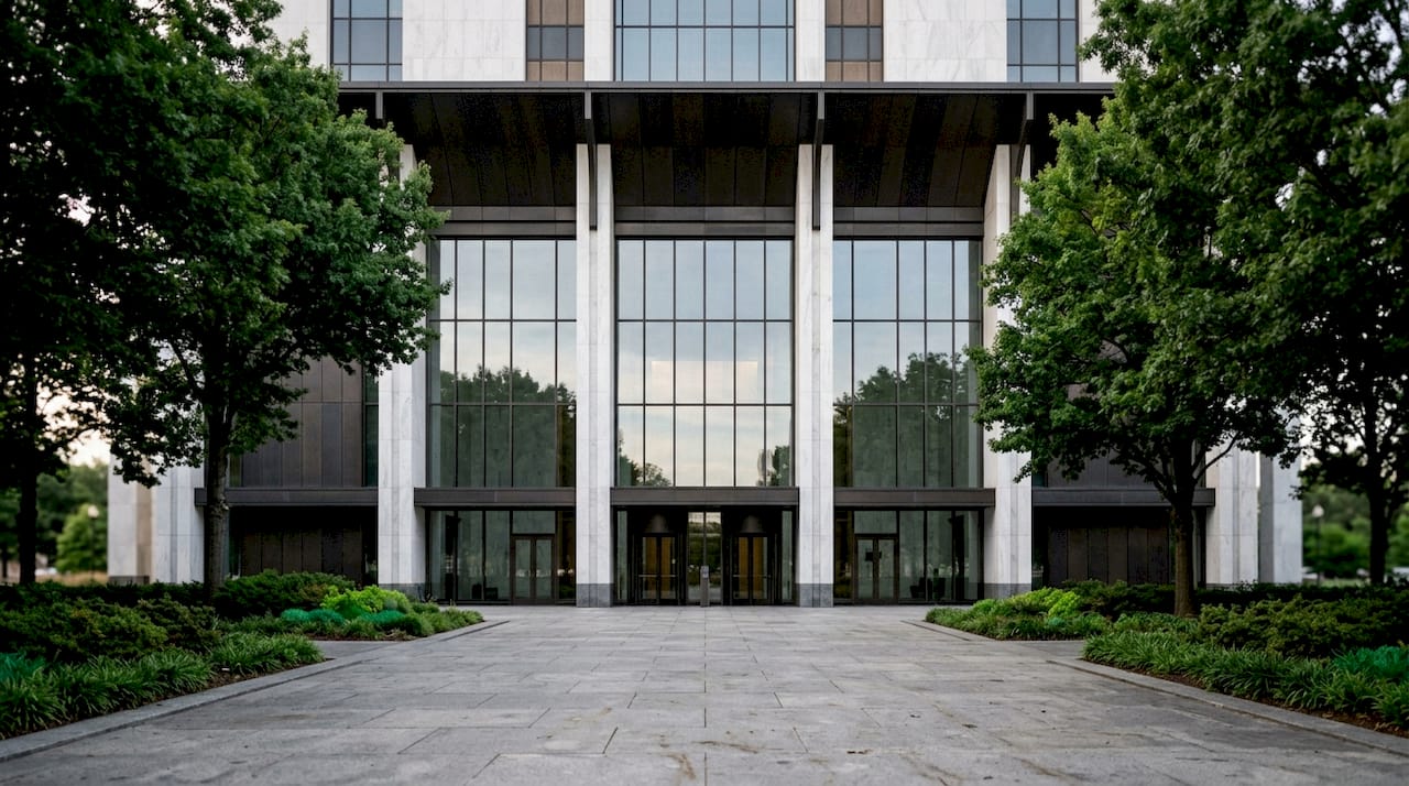 Exterior of federal courthouse at dusk