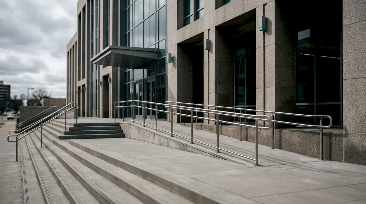 Empty courthouse entrance with accessibility ramp