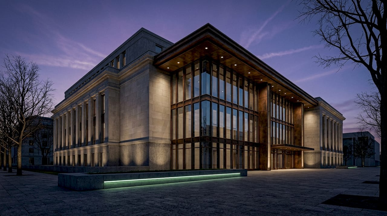 Exterior of illuminated federal courthouse building