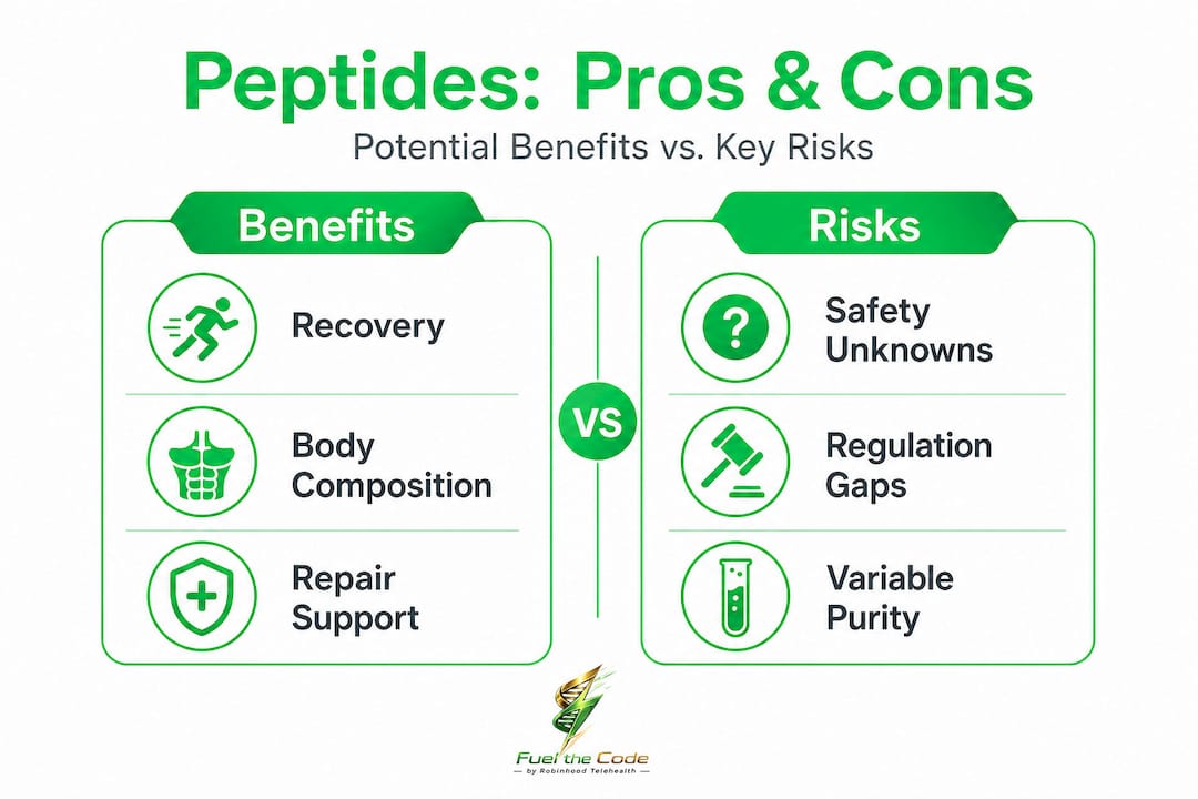 Infographic visualizing peptide benefits versus risks