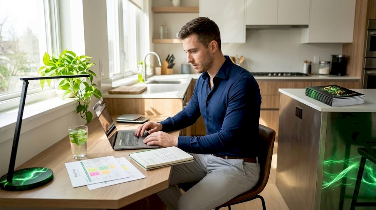 Nutritionist using tech to plan meals at desk