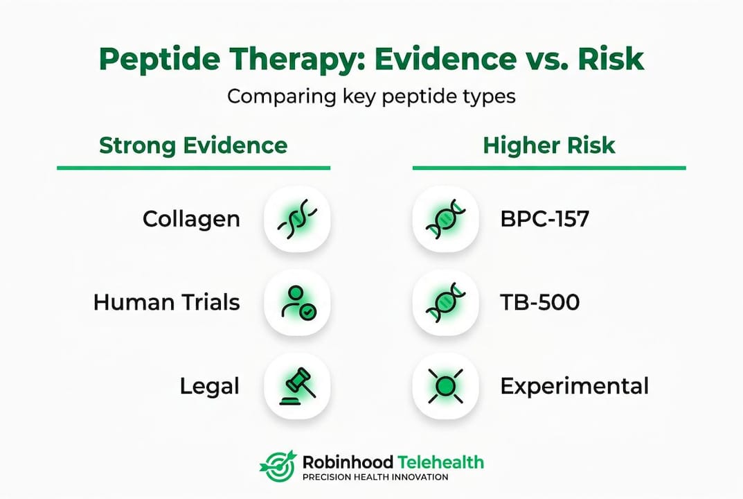 Infographic comparing peptide therapy evidence and risk