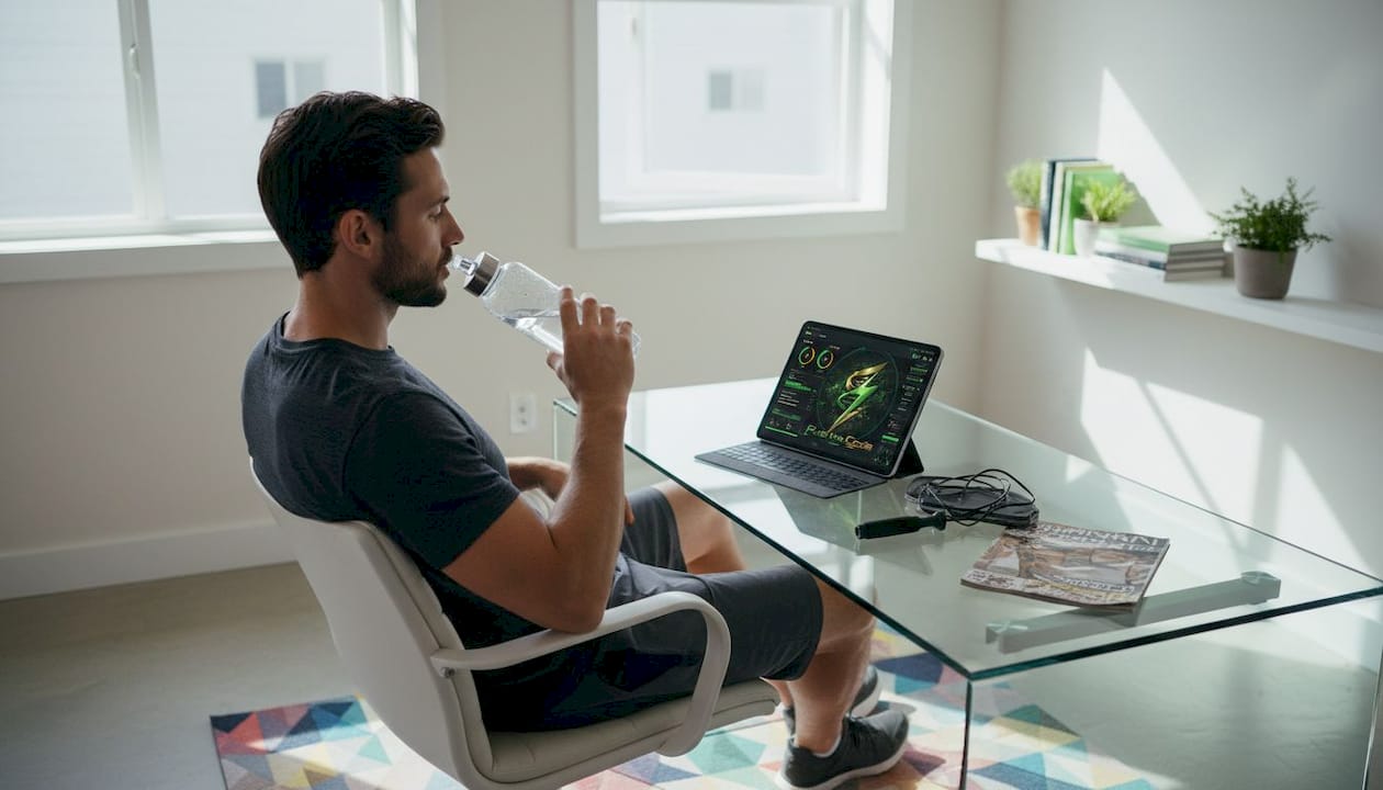 Man hydrates and checks stats after workout