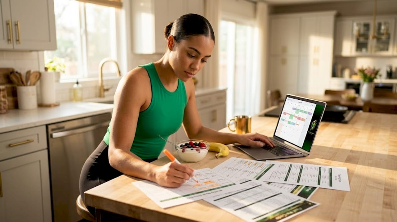 Athlete organizing meal and training plans at table