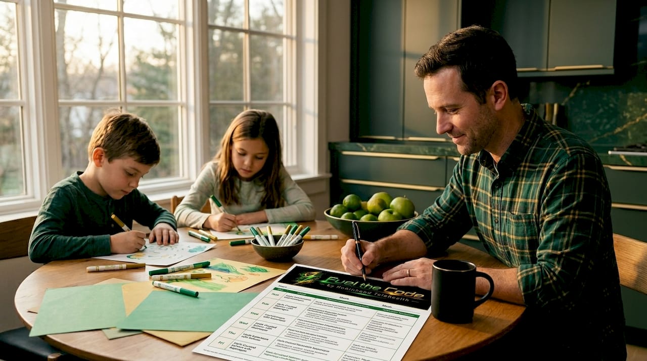 Family reviews meal plan and eats dinner