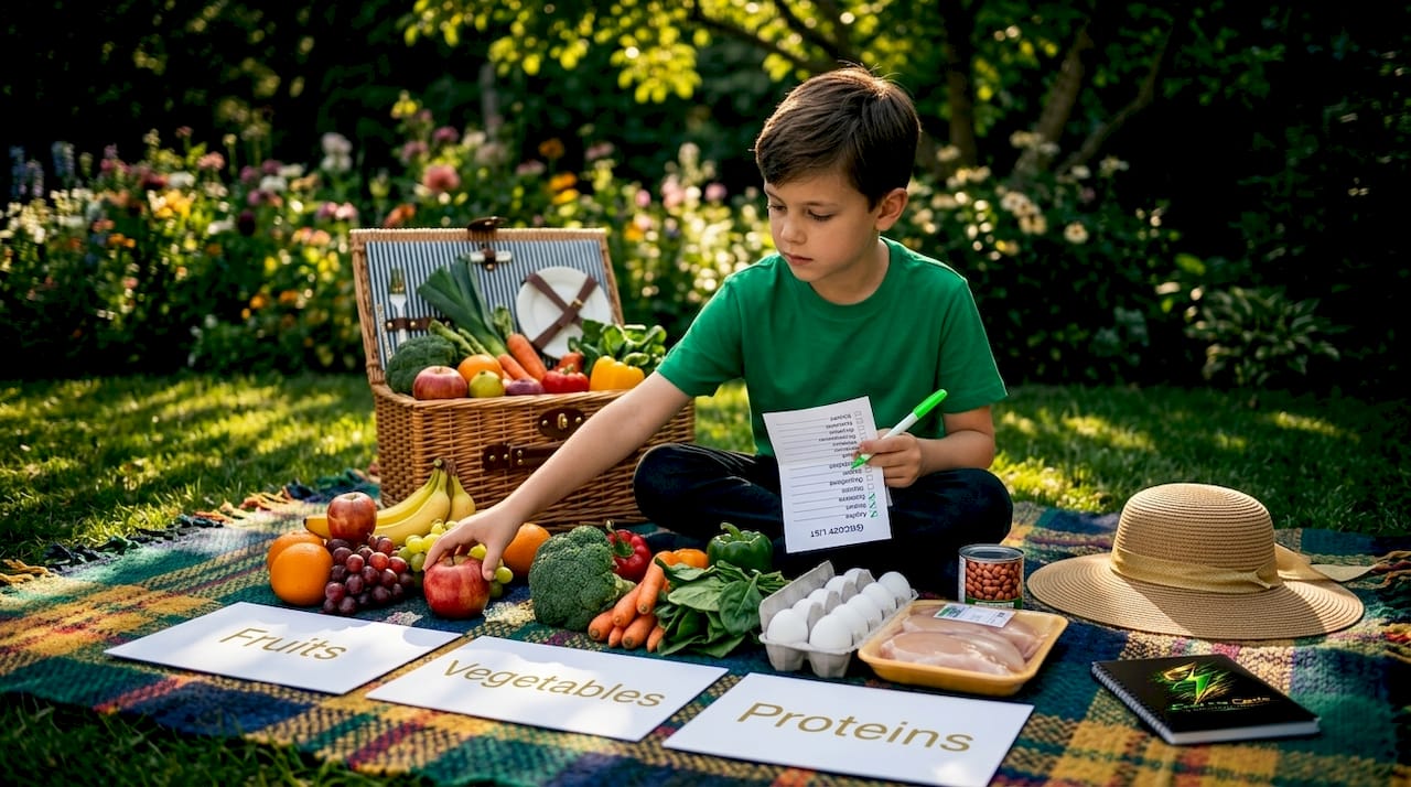 Child sorting groceries by food group